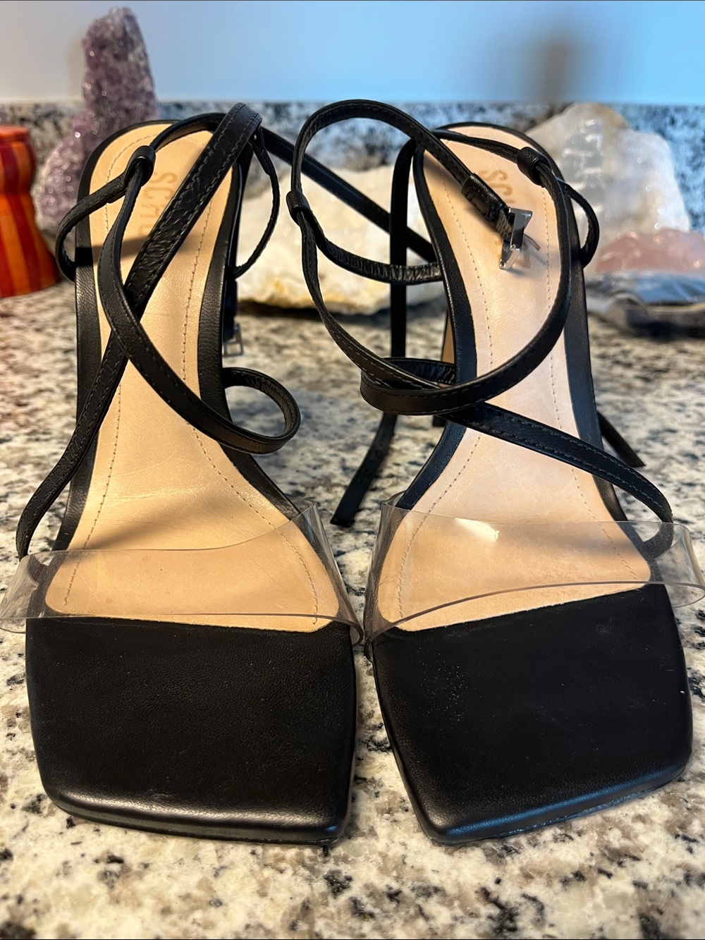 SCHUTZ Black Strappy Clear-Panel High Heel Sandals